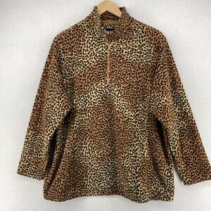 LANDS END Fleece Womens 1X Plus Burnt Caramel Leopard 1/4 Zip Pullover Brown